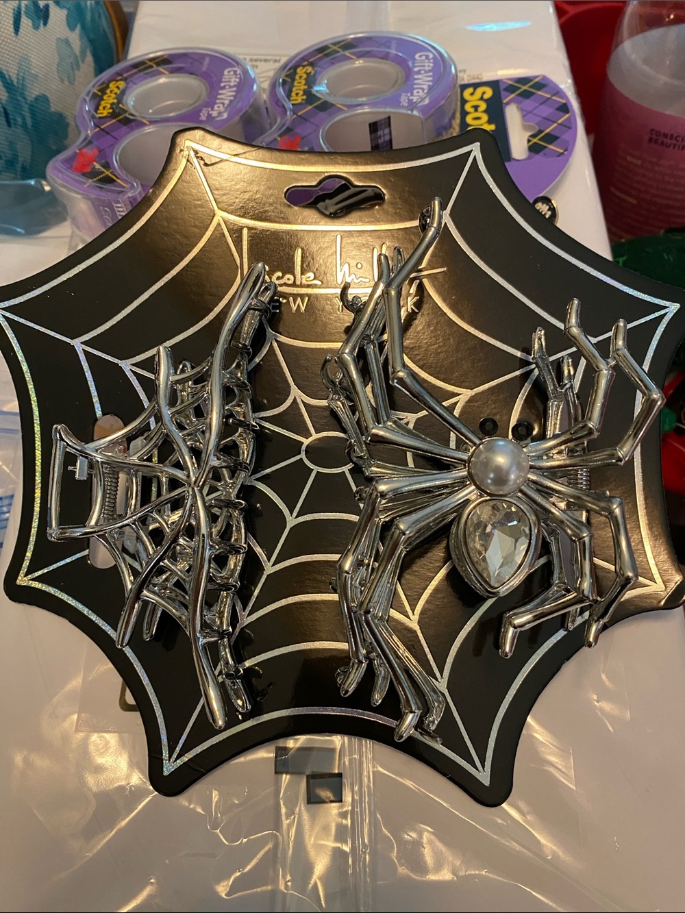 Nicole Miller Silver Spider and Web Hair Clips